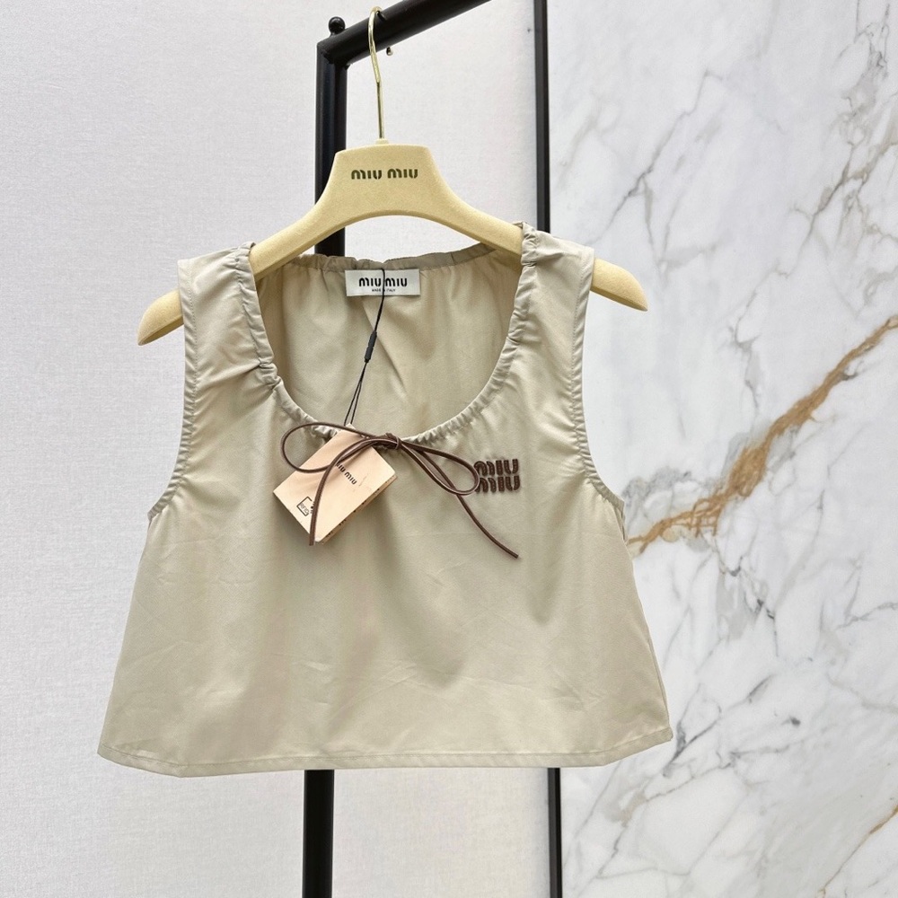 Miu Miu Light Beige Cropped Tank with Brown Ribbon